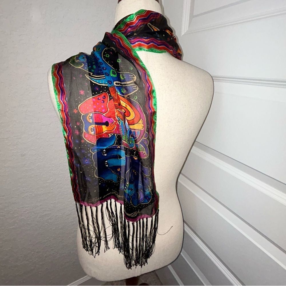 Laurel Burch Dogs & Doggies Print Silk Fringe Scarf - Picture 2 of 6